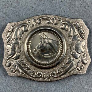 Vtg Western Belt Buckle Horse Head Floral Embellished Chrome Metal Rodeo Cowgirl